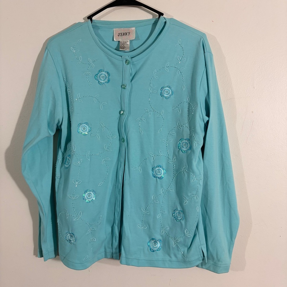 Jenny Cardigan Twin Set Women Medium Turquoise Floral Embroidered Sequin